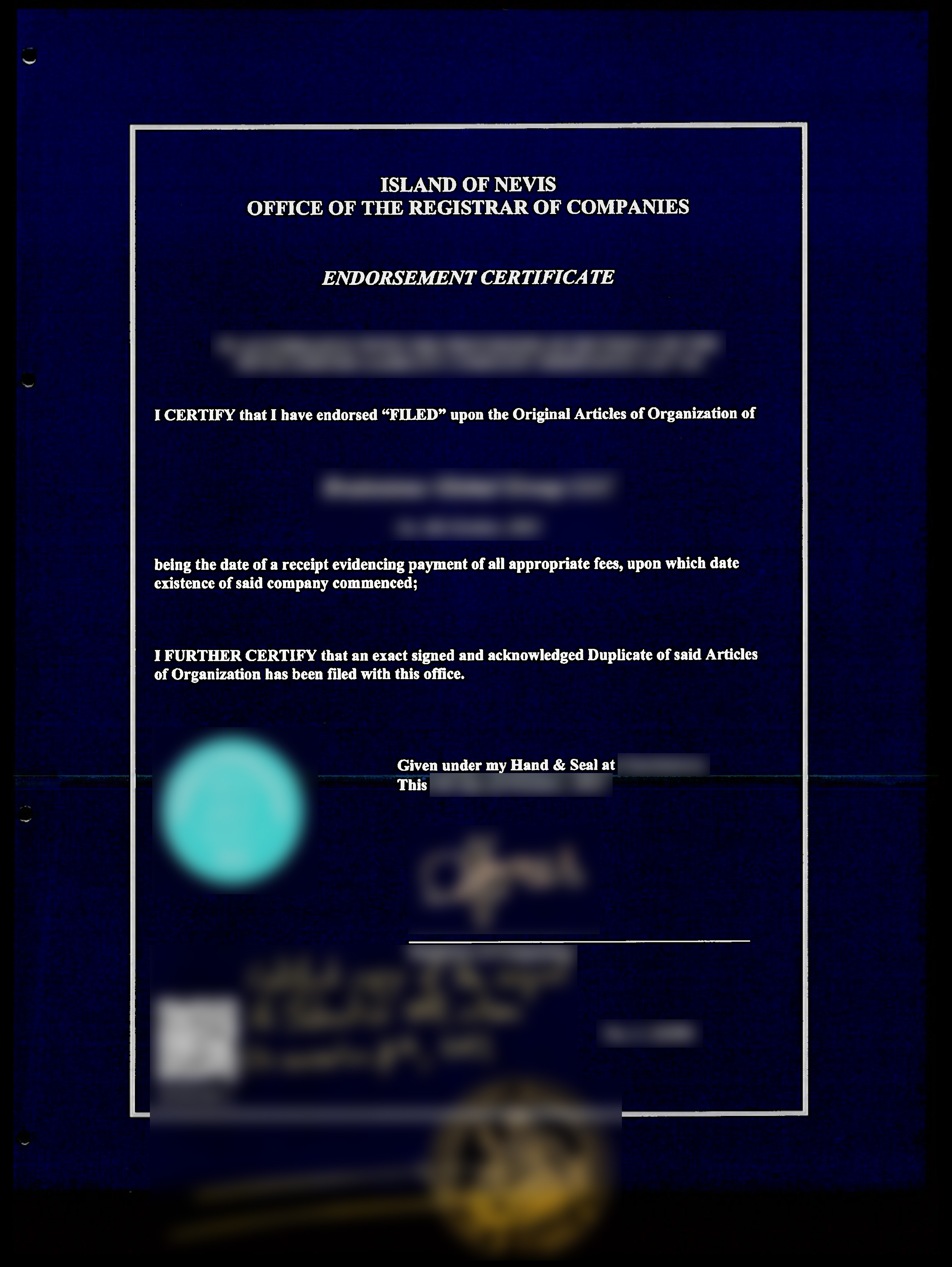 Nevis Endorsement Certificate Certificate Creation⁩