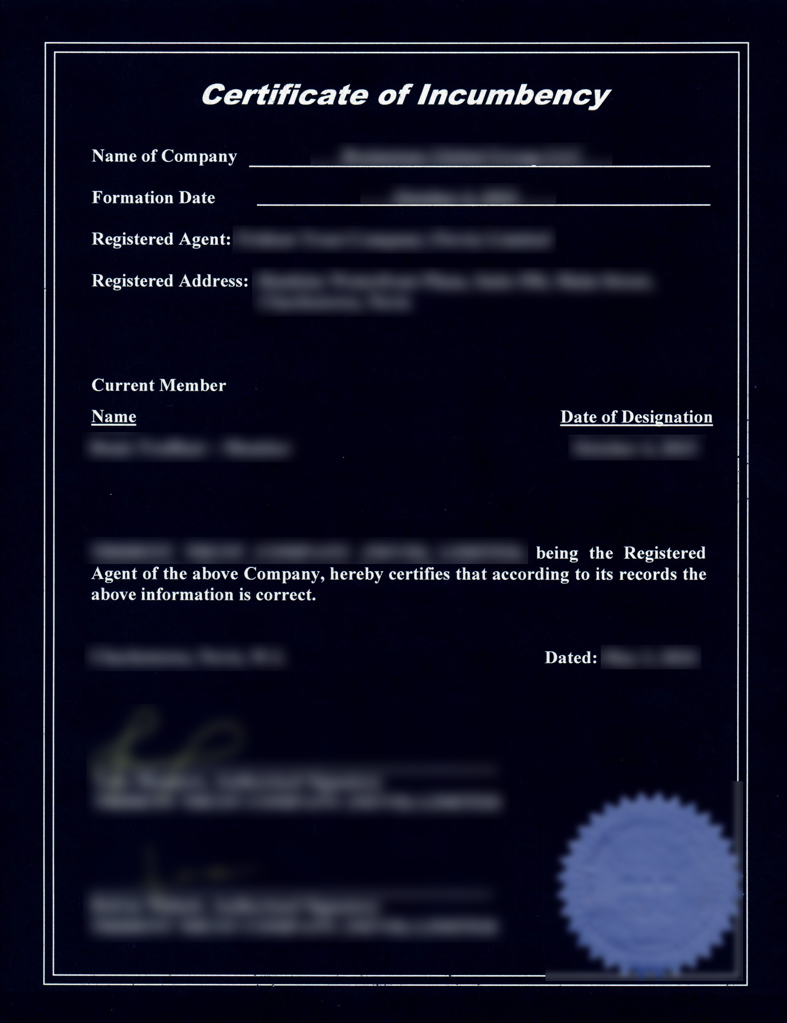 Certificato di carica di Nevis Certificato di stato