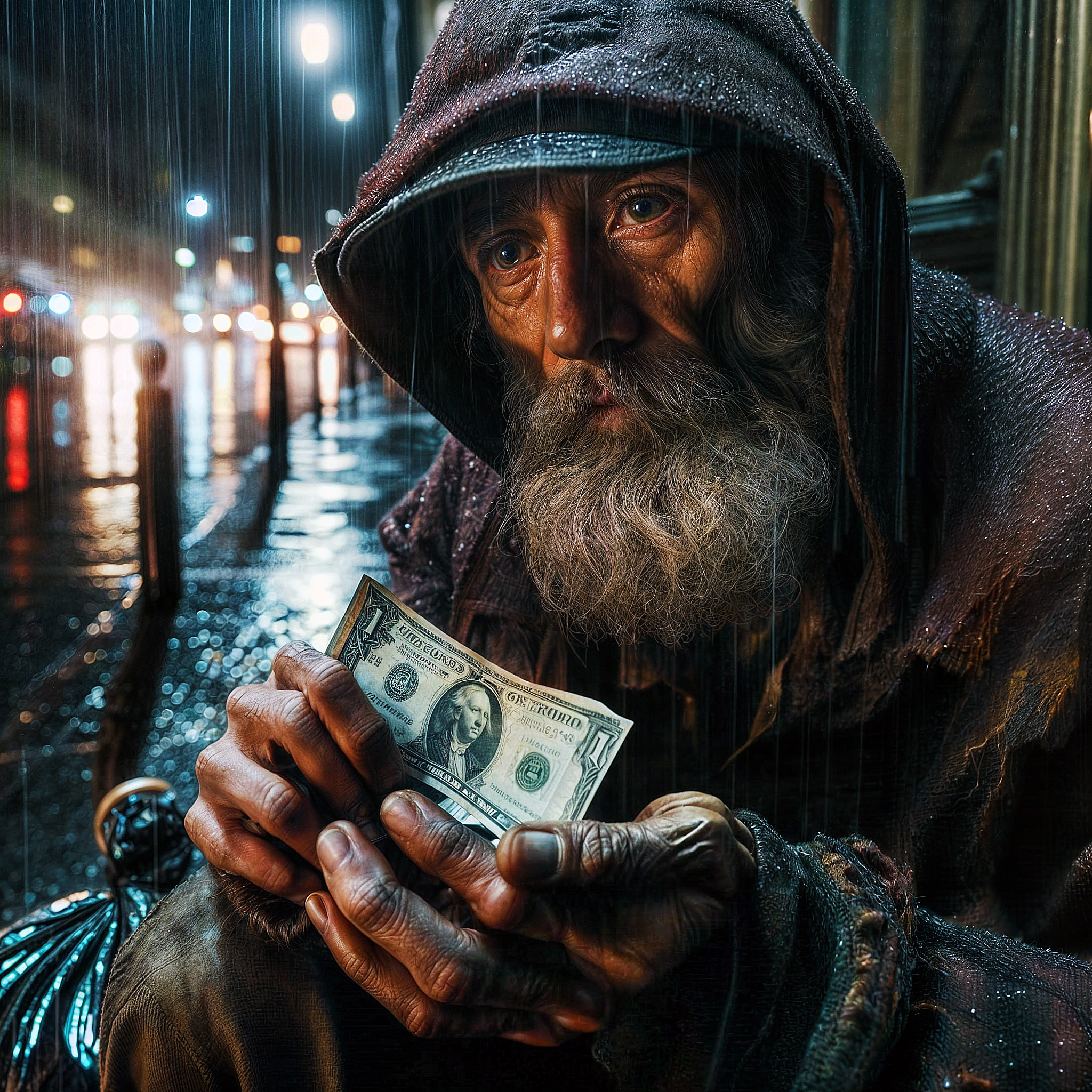 Mendicante senza casa in strada, pioggia